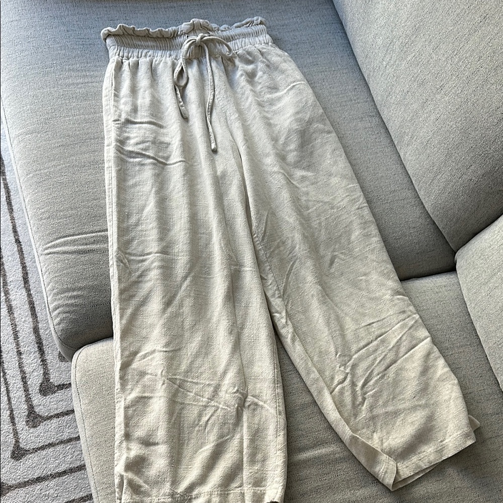 Petal & Pup Beige Linen Pants with Pockets, Elastic Waist, and Drawstring